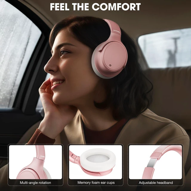 Alt view image 2 of 7 - H1 Plus Doubly Fed Hybrid Active Noise Cancelling Headphones with EQ ModeWireless Over Ear Bluetooth Headphones with 4 Microphone, 90H Playtime,Lightweight for Home Travel Office(Pink)