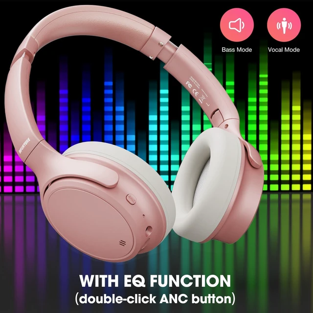 Alt view image 6 of 7 - H1 Plus Doubly Fed Hybrid Active Noise Cancelling Headphones with EQ ModeWireless Over Ear Bluetooth Headphones with 4 Microphone, 90H Playtime,Lightweight for Home Travel Office(Pink)
