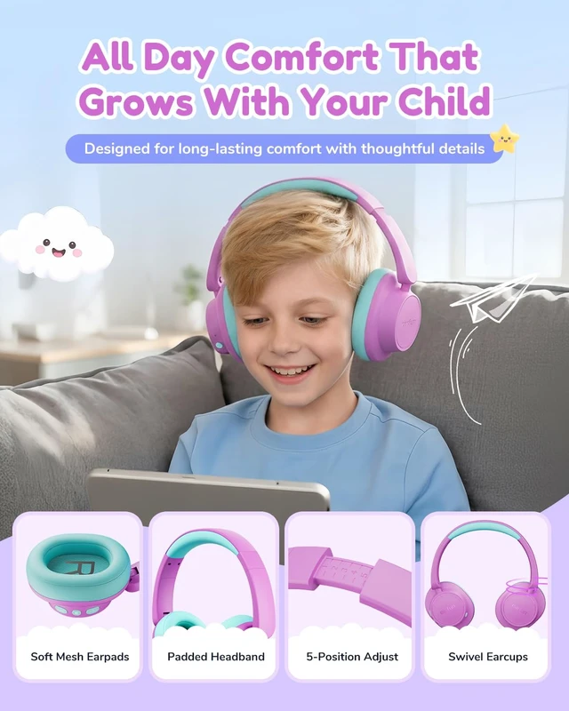 Alt view image 2 of 7 - K5 Kids Bluetooth Headphones, 100H Playtime Headphones for School 74/85/94dB Volume Limit, Bluetooth 6.0, Built-in Mic, Foldable Over Ear Headphoe for Kids/Toddler/iPad/Tablet/Travel, Violet