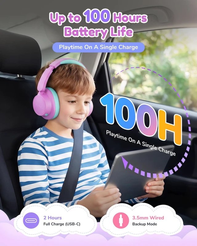 Alt view image 6 of 7 - K5 Kids Bluetooth Headphones, 100H Playtime Headphones for School 74/85/94dB Volume Limit, Bluetooth 6.0, Built-in Mic, Foldable Over Ear Headphoe for Kids/Toddler/iPad/Tablet/Travel, Violet