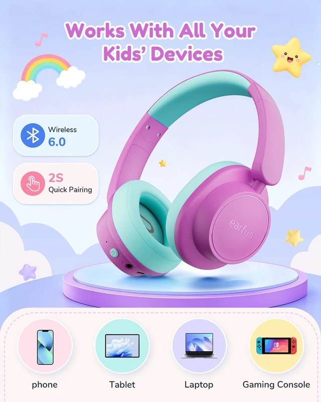 Alt view image 7 of 7 - K5 Kids Bluetooth Headphones, 100H Playtime Headphones for School 74/85/94dB Volume Limit, Bluetooth 6.0, Built-in Mic, Foldable Over Ear Headphoe for Kids/Toddler/iPad/Tablet/Travel, Violet