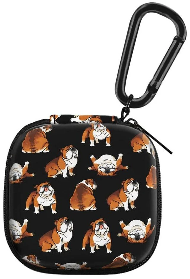 Main image of Portable Wireless Headphone Case, Earphone Storage Bag Carrying Case, Earbud Holder with Black Carabiner Compatible with Airpods - English Bulldog Funny Playful Postures Black