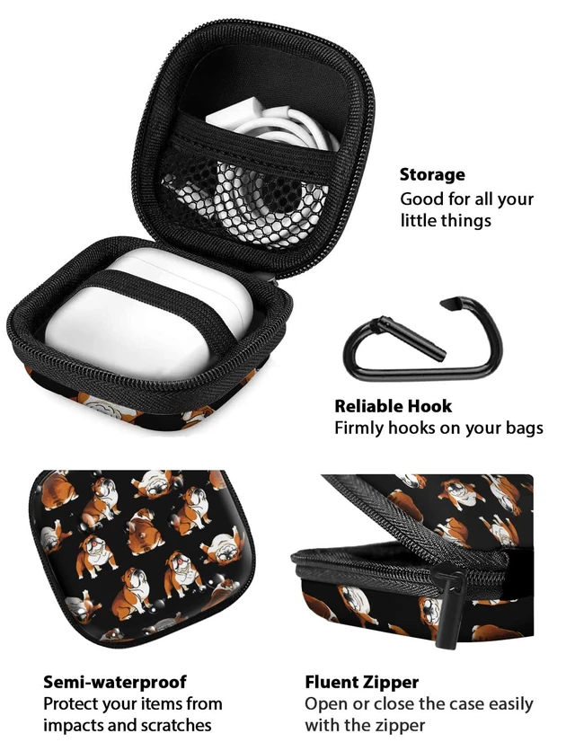 Alt view image 4 of 6 - Portable Wireless Headphone Case, Earphone Storage Bag Carrying Case, Earbud Holder with Black Carabiner Compatible with Airpods - English Bulldog Funny Playful Postures Black
