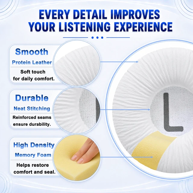 Alt view image 5 of 7 - Replacement Ear Pads for JBL Tune 600(T600BTNC 600BTNC)/660(T660NC 660NC)/670(T670NC 670NC) Headphone, Extra Thick Cushions, Ear Cups Cover, Textured PU LeatherMemory Foam Headset Earpads (White)