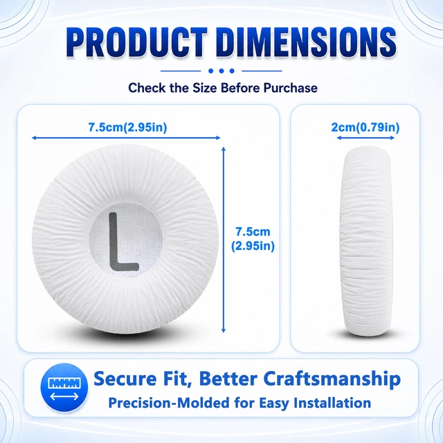 Alt view image 6 of 7 - Replacement Ear Pads for JBL Tune 600(T600BTNC 600BTNC)/660(T660NC 660NC)/670(T670NC 670NC) Headphone, Extra Thick Cushions, Ear Cups Cover, Textured PU LeatherMemory Foam Headset Earpads (White)