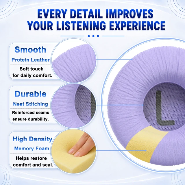 Alt view image 5 of 7 - Replacement Ear Pads for JBL Tune 600(T600BTNC 600BTNC)/660(T660NC 660NC)/670(T670NC 670NC) Headphone, Extra Thick Cushions, Ear Cups Cover, Textured PU LeatherMemory Foam Headset Earpads (Purple)