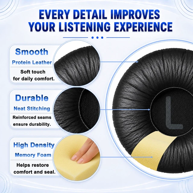 Alt view image 5 of 7 - Replacement Ear Pads for JBL Tune 600(T600BTNC 600BTNC)/660(T660NC 660NC)/670(T670NC 670NC) Headphone, Extra Thick Cushions, Ear Cups Cover, Textured PU LeatherMemory Foam Headset Earpads (Black)