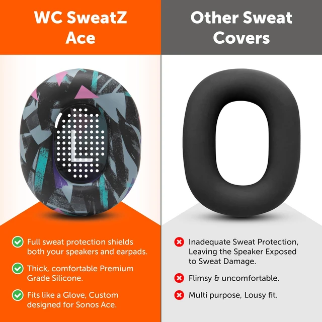 Alt view image 3 of 7 - SweatZ Ace - Patented Earpad Sweat Covers for Sonos Ace Headphones Made by Wicked Cushions Made with Premium Silicone, Sweatproof & Easily Washable 90's Black