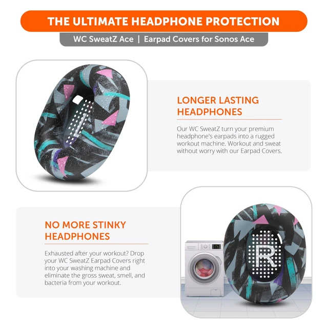 Alt view image 5 of 7 - SweatZ Ace - Patented Earpad Sweat Covers for Sonos Ace Headphones Made by Wicked Cushions Made with Premium Silicone, Sweatproof & Easily Washable 90's Black