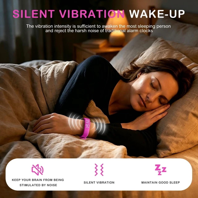 Alt view image 4 of 7 - Vibrating Alarm Wristband, Silent Waterproof Watch with Temperature Detection, USB Rechargeable for Heavy Sleepers Students Sports