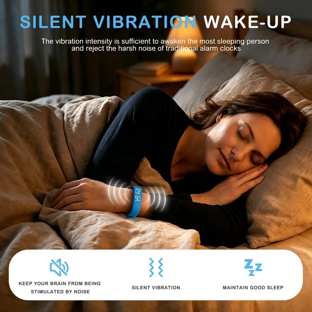 Alt view image 3 of 7 - Vibrating Alarm Wristband, Silent Waterproof Watch with Temperature Detection, USB Rechargeable for Heavy Sleepers Students Sports