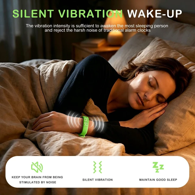 Alt view image 3 of 7 - Vibrating Alarm Wristband, Silent Waterproof Watch with Temperature Detection, USB Rechargeable for Heavy Sleepers Students Sports