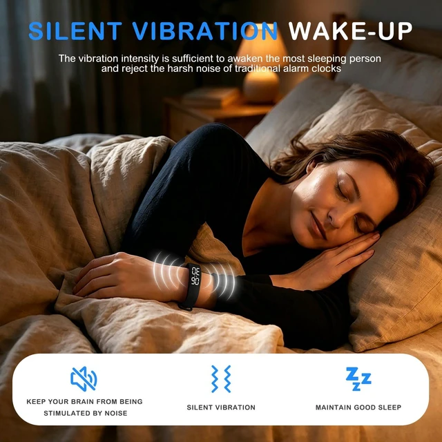 Alt view image 3 of 7 - Vibrating Alarm Wristband, Silent Waterproof Watch with Temperature Detection, USB Rechargeable for Heavy Sleepers Students Sports