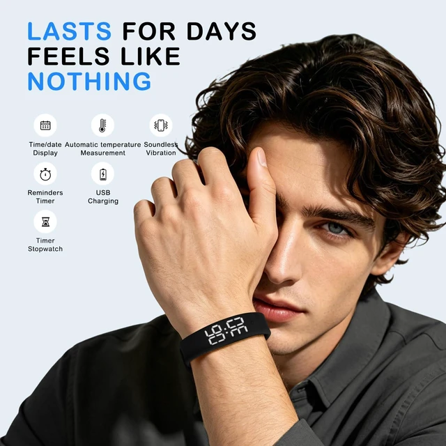 Alt view image 4 of 7 - Vibrating Alarm Wristband, Silent Waterproof Watch with Temperature Detection, USB Rechargeable for Heavy Sleepers Students Sports
