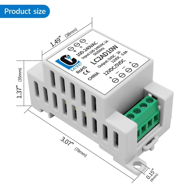 Alt view image 5 of 7 - 5V 12V Power Supply din Rail2A 0.8A,Dual Output 10W,Input 100-240Vac,120VAC 115v to 5 Volt, LED, CCTV, Arduino, DIY Electronics Transformer Converter