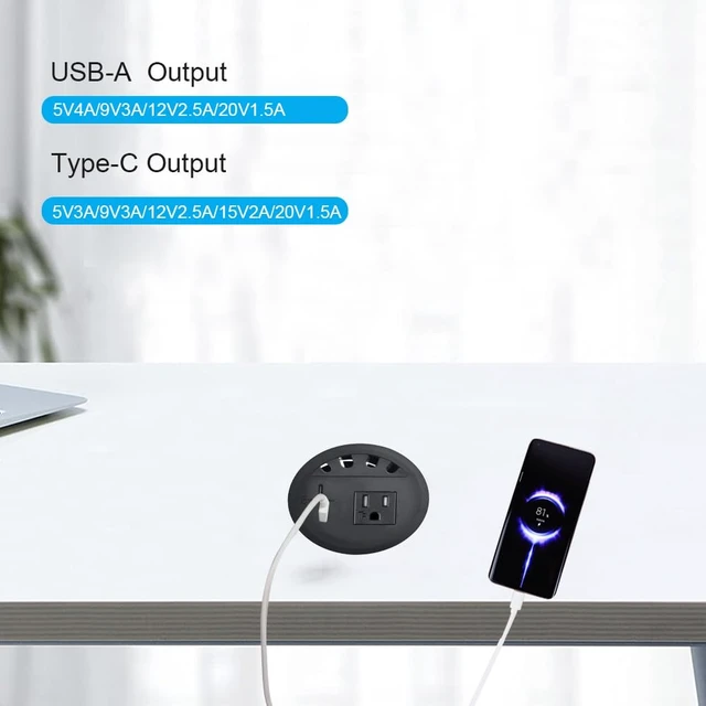 Alt view image 4 of 7 - Recessed Power Grommet, with 33W Fast Charging USB-A+C, with 1 AC Power Outlet and 4.5FT Extension Cord Recessed Power Outlet for Conference Rooms, Office Tables, Furniture (black2)