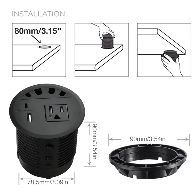 Alt view image 6 of 7 - Recessed Power Grommet, with 33W Fast Charging USB-A+C, with 1 AC Power Outlet and 4.5FT Extension Cord Recessed Power Outlet for Conference Rooms, Office Tables, Furniture (black2)