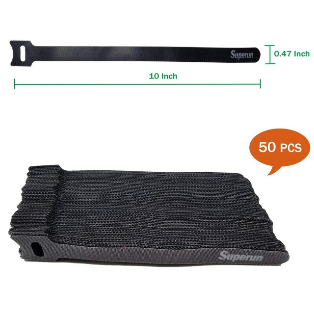 Alt view image 2 of 5 - Black Hook and Loop Cable Ties 10 Inch Fastening Wire Wrap 50 Pack Multi-Purpose,10x0.47 inchReusable Cord OrganizerAdjustable Cable Management,Easy to Remove