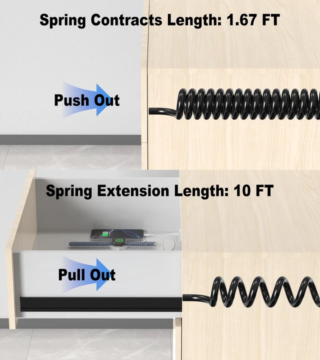 Alt view image 6 of 7 - 30W Furniture Drawer Outlet Kit, Recessed Outlet with 4 USB Ports & 2 AC Outlets, Recessed Power Strip for Home, Office, 10FT Spring Cord