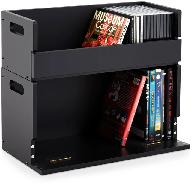 Main image of 2 Set Wooden DVD and CD Storage Box Cassette Tape Display Stand Holder Rack with Carrying Handle, Organizer Shelf for Movie Cases, Each Can Store up to 36 CDs and 26 DVDs (Black)