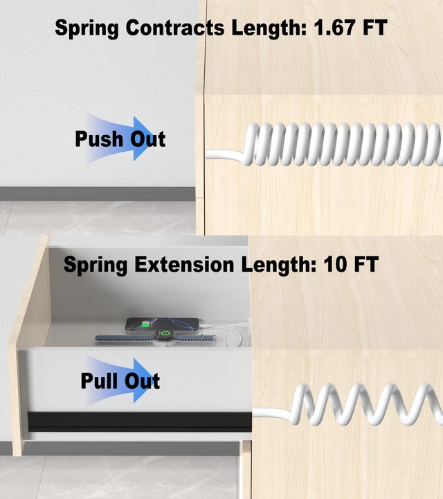 Alt view image 6 of 7 - 30W Furniture Drawer Outlet Kit, Recessed Outlet with 4 USB Ports & 2 AC Outlets, Recessed Power Strip for Home, Office, 10FT Spring Cord