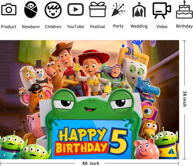 Alt view image 2 of 4 - Cartoon for Toy Inspired Story 2026 Background Birthday Decorations, Happy Birthday Banner Backdrop for Dragon Birthday Party Supplies, Polyester Fabric (5x3ft)