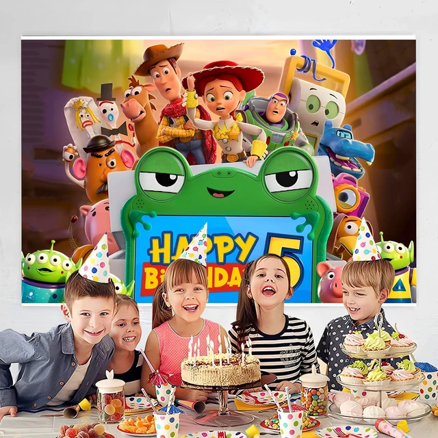 Alt view image 3 of 4 - Cartoon for Toy Inspired Story 2026 Background Birthday Decorations, Happy Birthday Banner Backdrop for Dragon Birthday Party Supplies, Polyester Fabric (5x3ft)