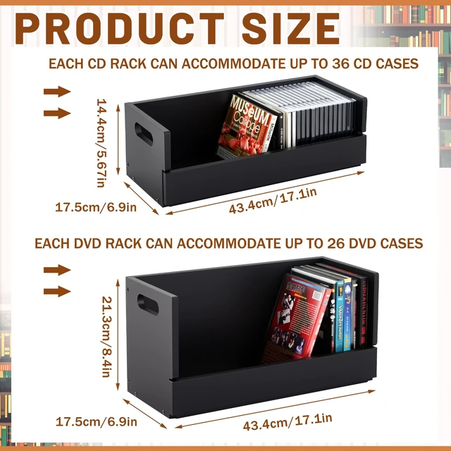 Alt view image 2 of 7 - 2 Set Wooden DVD and CD Storage Box Cassette Tape Display Stand Holder Rack with Carrying Handle, Organizer Shelf for Movie Cases, Each Can Store up to 36 CDs and 26 DVDs (Black)