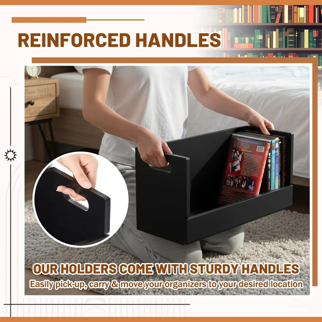Alt view image 5 of 7 - 2 Set Wooden DVD and CD Storage Box Cassette Tape Display Stand Holder Rack with Carrying Handle, Organizer Shelf for Movie Cases, Each Can Store up to 36 CDs and 26 DVDs (Black)