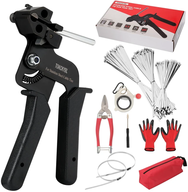 Main image of Stainless Steel Cable Tie Gun Set, Heavy Duty Metal Zip Tie Kit 150PCS Self-Locking Ties, Adjustable Fastening & Cutting Tool for Outdoor Fencing, Exhaust Pipes, Black