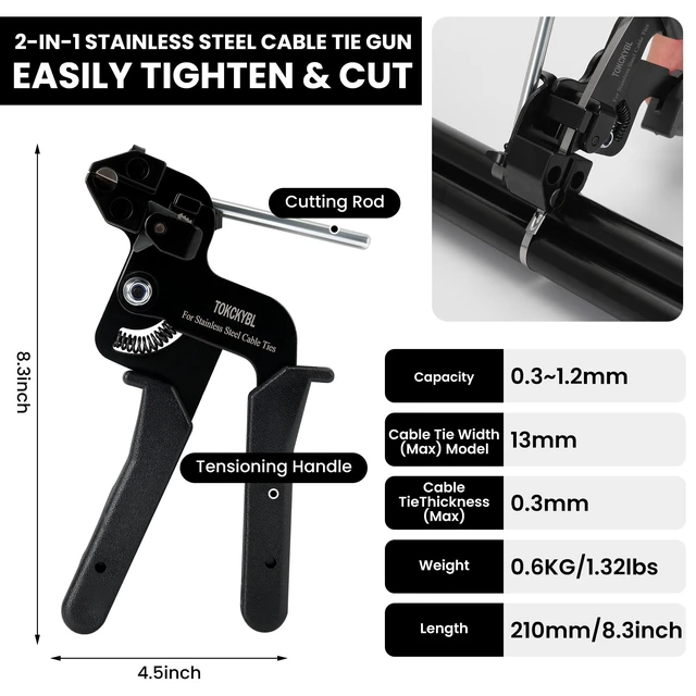 Alt view image 2 of 7 - Stainless Steel Cable Tie Gun Set, Heavy Duty Metal Zip Tie Kit 150PCS Self-Locking Ties, Adjustable Fastening & Cutting Tool for Outdoor Fencing, Exhaust Pipes, Black