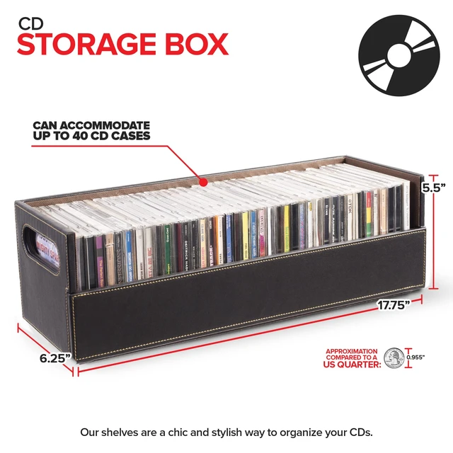Alt view image 2 of 7 - CD Storage Box 9 Count Organizer Shelf for DVDs Cassette Tapes or CDs Faux Leather Brown Holds Up to 40 Discs