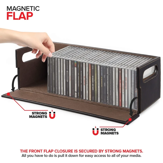 Alt view image 3 of 7 - CD Storage Box 9 Count Organizer Shelf for DVDs Cassette Tapes or CDs Faux Leather Brown Holds Up to 40 Discs