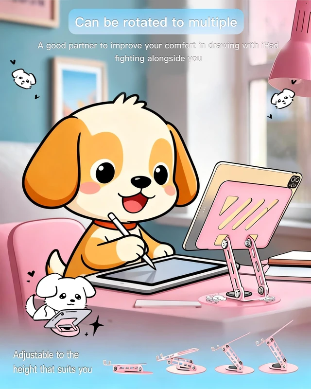 Alt view image 2 of 7 - Upgraded 360°Rotating Tablet Stand with Foldable Base - Cute Dog Pattern,Universal for 7-13" Devices (iPad,iPhone,Tablet,Phone) - Ideal for Desk Work,Office,Travel,Home & Painting