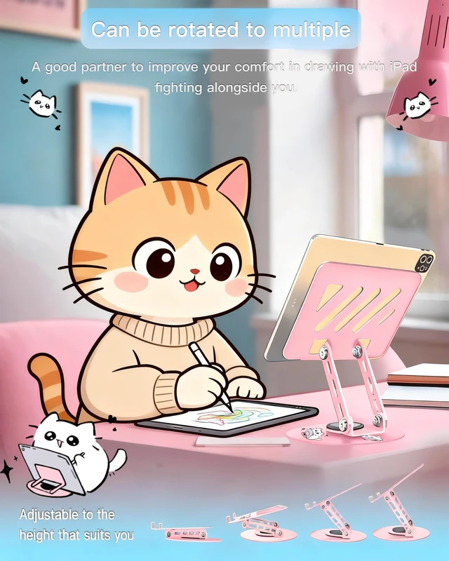 Alt view image 2 of 7 - Upgraded 360°Rotating Tablet Stand with Foldable Base - Cute Cat Pattern,Universal for 7-13" Devices (iPad,iPhone,Tablet,Phone) - Ideal for Desk Work,Office,Travel,Home & Painting