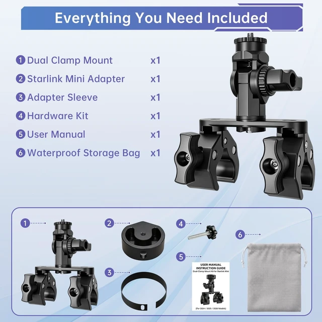 Alt view image 7 of 7 - Starlink Mini Mount Dual-Clamp Pole Mount Kit Aluminum Nylon RV Dual-clamp Starlink Mini mount with aluminum and nylon design. Fits RV ladders, roof racks, poles and camping setups