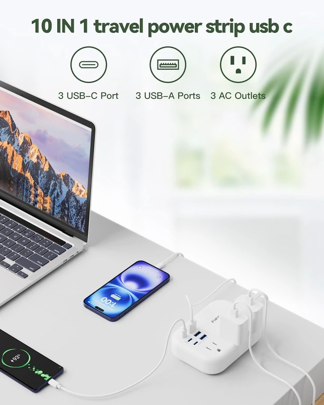 Alt view image 3 of 7 - 6 USB Power Strip- Travel Power Strip with 3 Outlets and 6 USB(3 USB C) 24W/4.8A Charging Ports for iPhone 15, 3 FT Small Extension Cord, Slim Flat Plug for Cruise Ship Essential, Office Dorm, White
