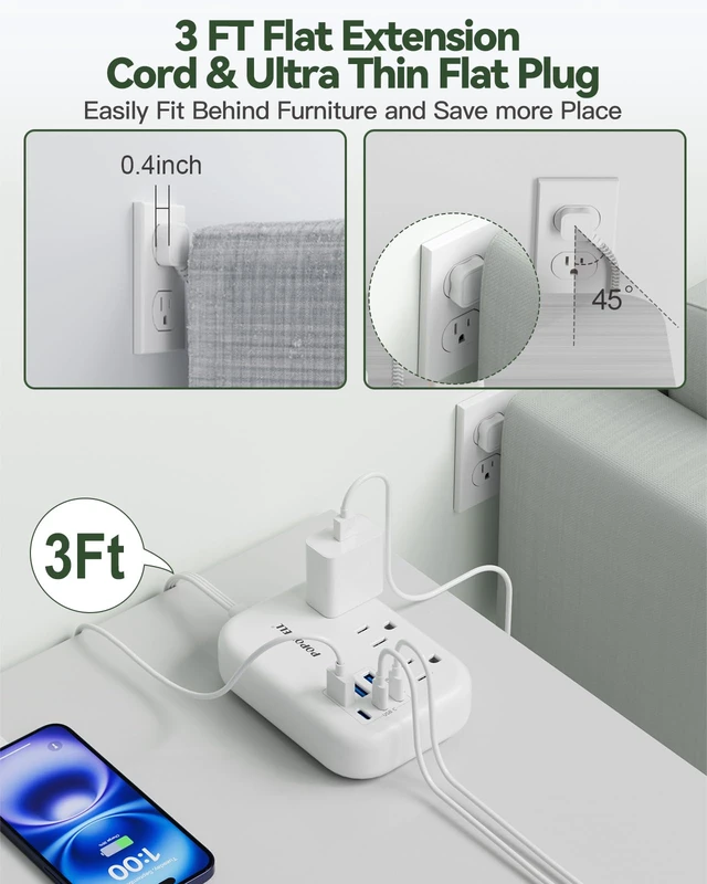 Alt view image 4 of 7 - 6 USB Power Strip- Travel Power Strip with 3 Outlets and 6 USB(3 USB C) 24W/4.8A Charging Ports for iPhone 15, 3 FT Small Extension Cord, Slim Flat Plug for Cruise Ship Essential, Office Dorm, White