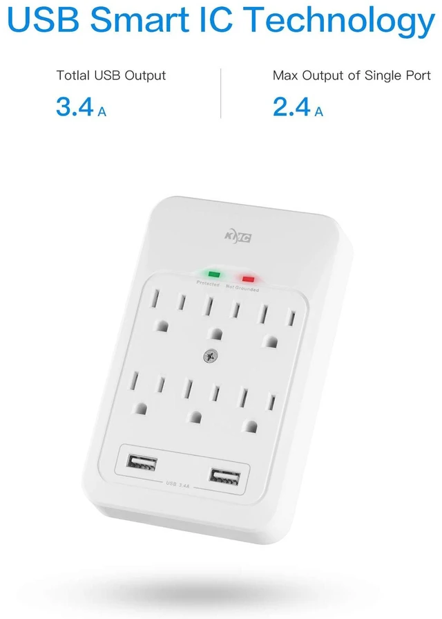 Alt view image 2 of 7 - 6-Outlet Surge Tap, 2 USB Ports (3.4A), 980 Joules Surge Protector, White