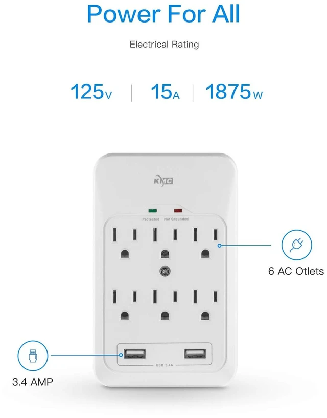 Alt view image 3 of 7 - 6-Outlet Surge Tap, 2 USB Ports (3.4A), 980 Joules Surge Protector, White