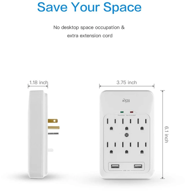 Alt view image 7 of 7 - 6-Outlet Surge Tap, 2 USB Ports (3.4A), 980 Joules Surge Protector, White