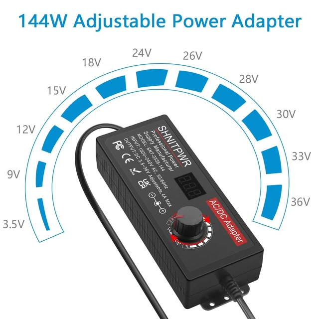 Alt view image 2 of 7 - Universal Power Supply Adjustable 144W 3.5V~36V 4A AC/DC Adapter DC12V 24V 5V 6V 9V 14V 36V Multi-Voltage Variable Transformer,100V~240V AC to DC Converter,14 Tips,for LED Light,CCTV,Printer
