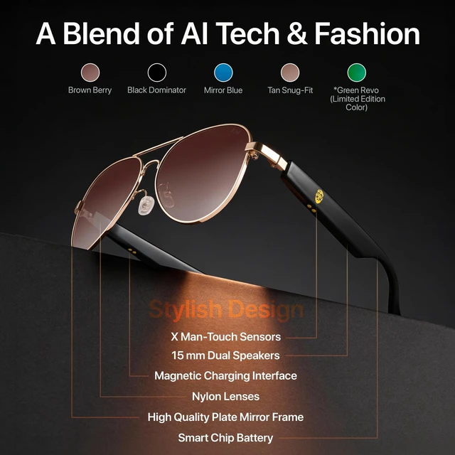 Alt view image 4 of 7 - Bluetooth Aviator Sunglasses for Men Women, Polarized UV400 Smart Audio Glasses with Open-Ear Speakers, Microphone, Touch Control, Voice Assistant, 120Hr SB, Privacy, AI Compatible Brown