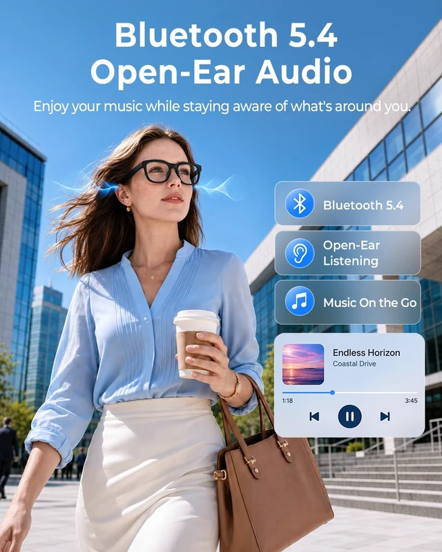 Alt view image 2 of 7 - Photochromic Smart Glasses, Open-Ear Bluetooth 5.4 Audio Eyewear 35g Lightweight frame, Type-C charging, 4-5h battery, and easy 1-button control with remote shooting
