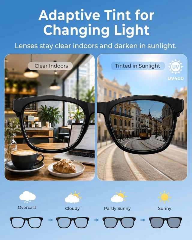 Alt view image 4 of 7 - Photochromic Smart Glasses, Open-Ear Bluetooth 5.4 Audio Eyewear 35g Lightweight frame, Type-C charging, 4-5h battery, and easy 1-button control with remote shooting