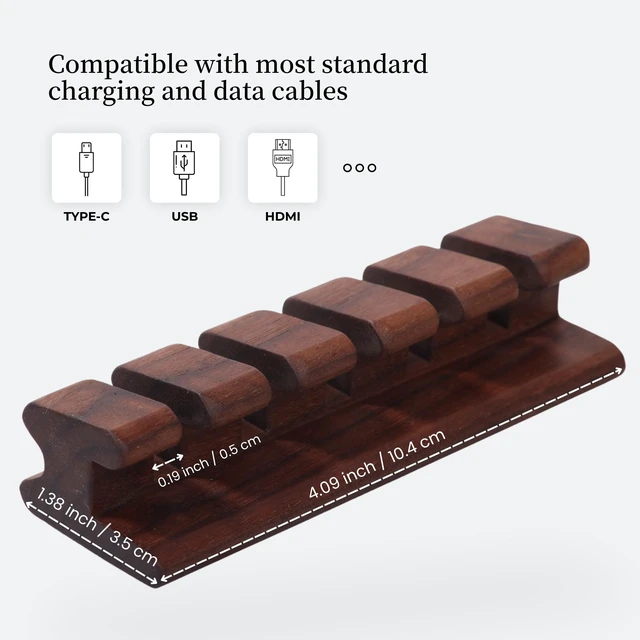Alt view image 2 of 7 - Walnut Wood Cord Holder 5 Slots Cable Organizer with Adhesive Tape, Desk Wire Management for USB, Charging, HDMI, and Type-C Cables (5 Slot)