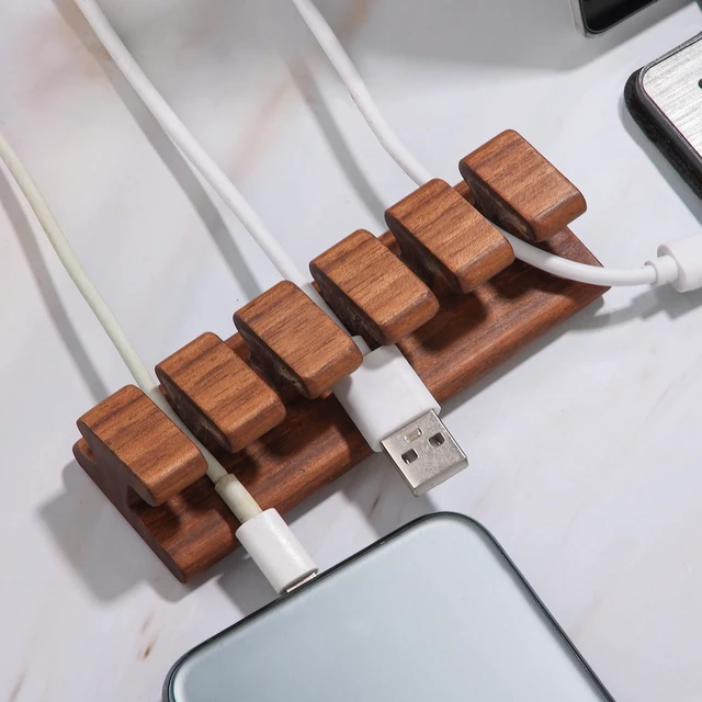 Alt view image 3 of 7 - Walnut Wood Cord Holder 5 Slots Cable Organizer with Adhesive Tape, Desk Wire Management for USB, Charging, HDMI, and Type-C Cables (5 Slot)
