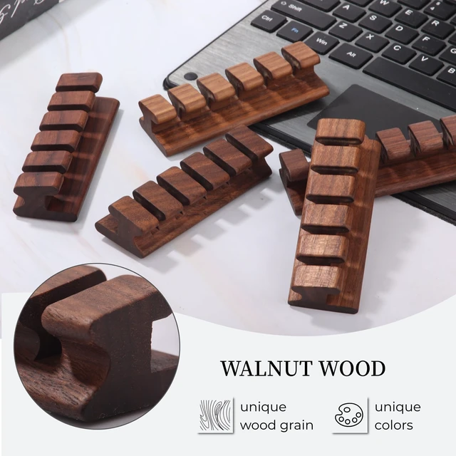 Alt view image 4 of 7 - Walnut Wood Cord Holder 5 Slots Cable Organizer with Adhesive Tape, Desk Wire Management for USB, Charging, HDMI, and Type-C Cables (5 Slot)