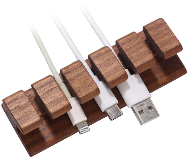 Main image of Walnut Wood Cord Holder 5 Slots Cable Organizer with Adhesive Tape, Desk Wire Management for USB, Charging, HDMI, and Type-C Cables (5 Slot)