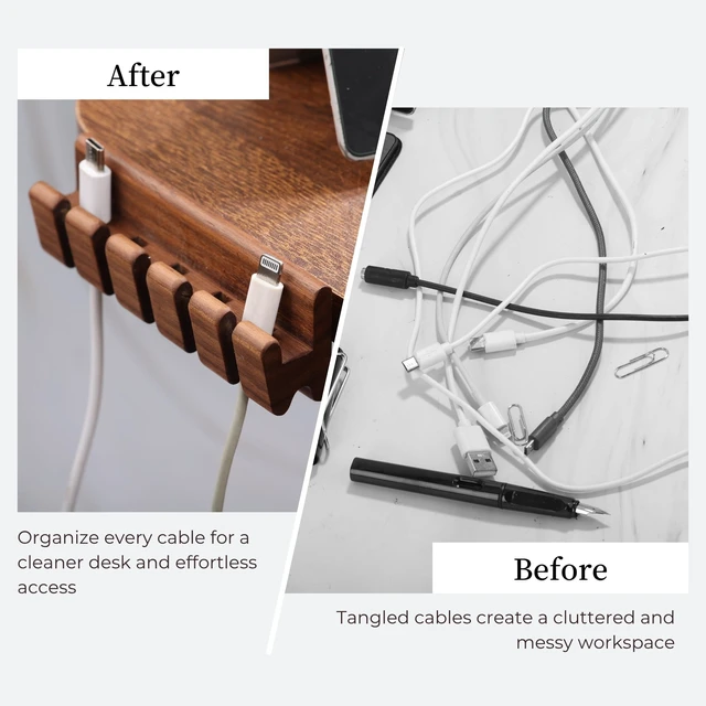 Alt view image 6 of 7 - Walnut Wood Cord Holder 5 Slots Cable Organizer with Adhesive Tape, Desk Wire Management for USB, Charging, HDMI, and Type-C Cables (5 Slot)